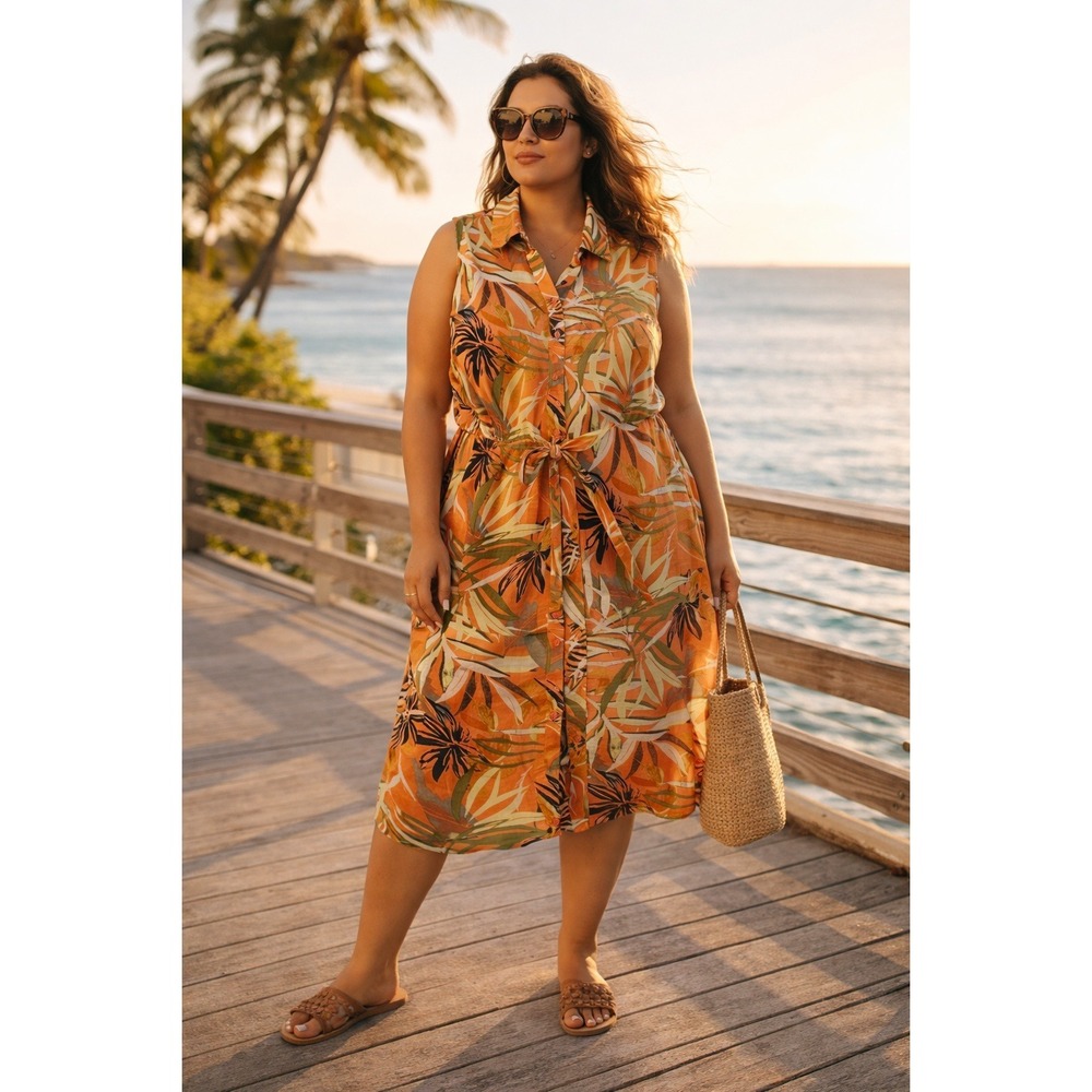 Naturals d&co Orange Tropical Leaf Print Linen Blend Sleeveless Maxi Dress L NWT